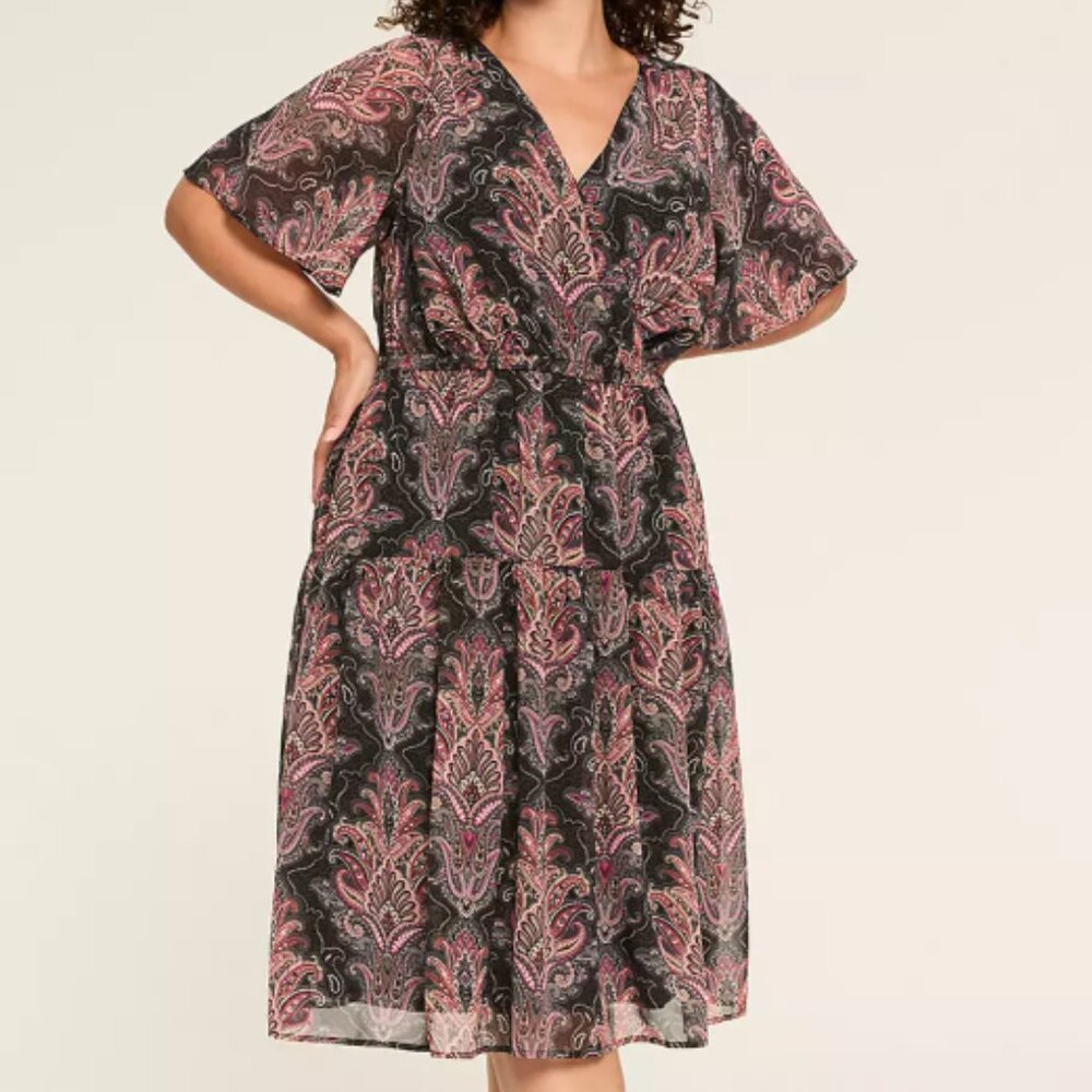 Surplice-Neck Elbow-Sleeve Midi Dress